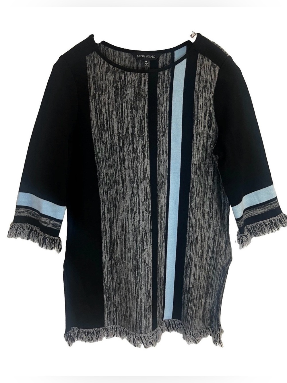 Ming Wang Black with Light Blue Stripe Fringe Knit Tunic